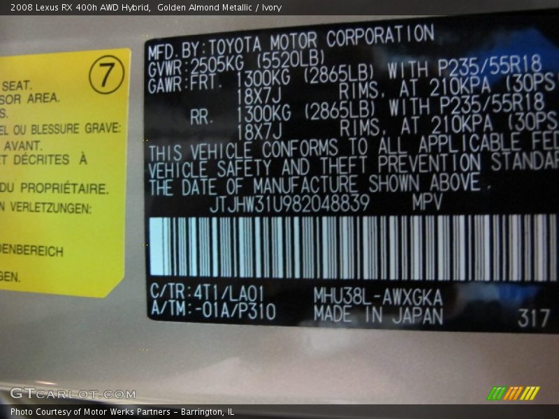 Golden Almond Metallic / Ivory 2008 Lexus RX 400h AWD Hybrid