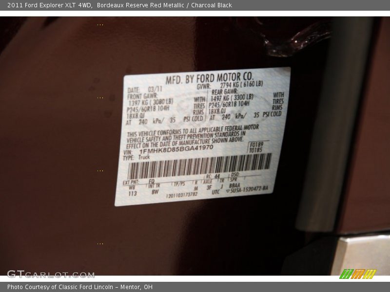 2011 Explorer XLT 4WD Bordeaux Reserve Red Metallic Color Code FQ