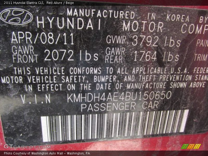 Red Allure / Beige 2011 Hyundai Elantra GLS