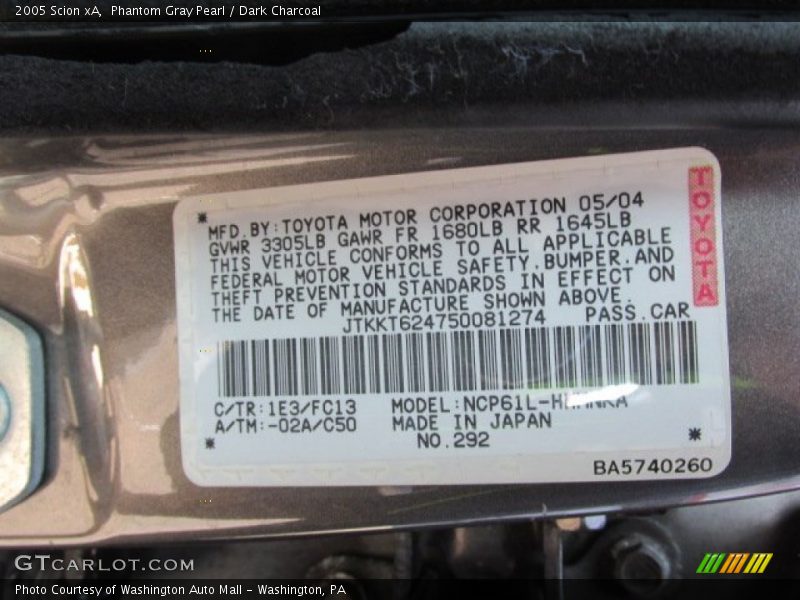 Phantom Gray Pearl / Dark Charcoal 2005 Scion xA