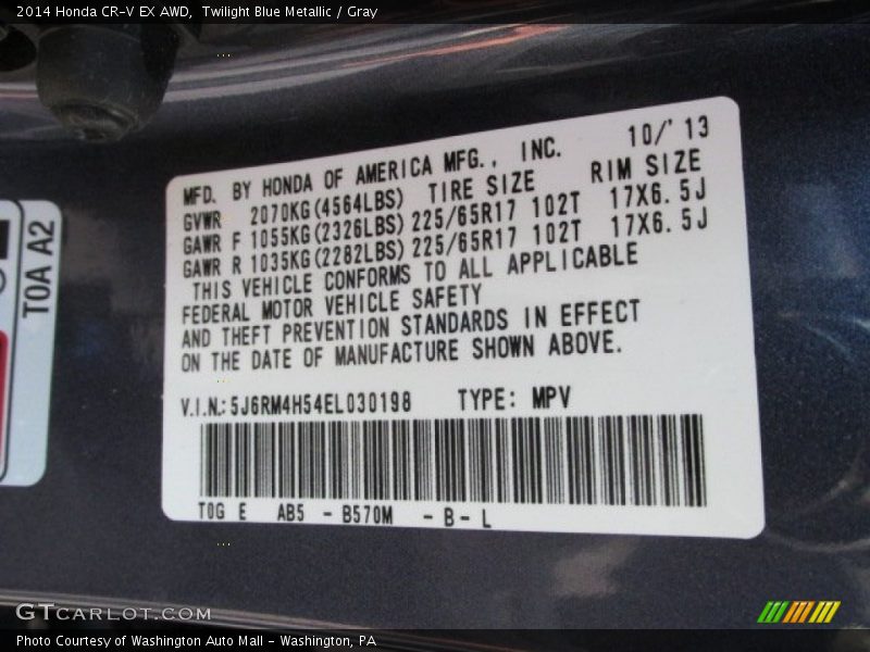 Twilight Blue Metallic / Gray 2014 Honda CR-V EX AWD