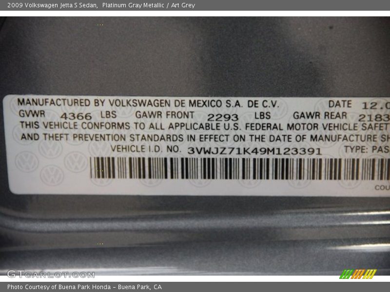 Platinum Gray Metallic / Art Grey 2009 Volkswagen Jetta S Sedan