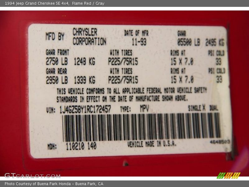 Info Tag of 1994 Grand Cherokee SE 4x4
