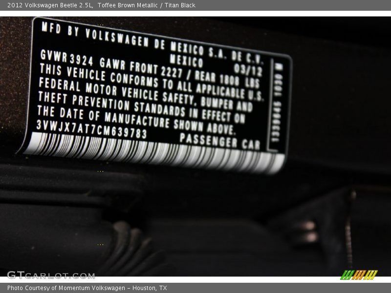 Toffee Brown Metallic / Titan Black 2012 Volkswagen Beetle 2.5L