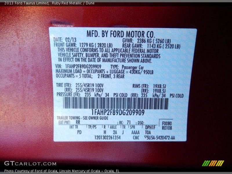 2013 Taurus Limited Ruby Red Metallic Color Code RR