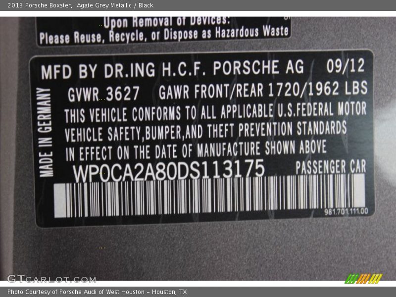 Agate Grey Metallic / Black 2013 Porsche Boxster