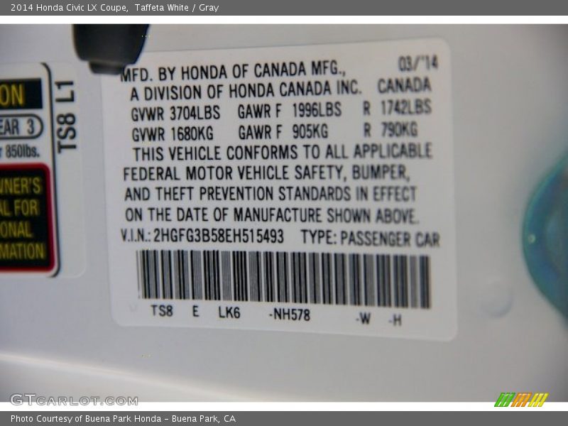 Taffeta White / Gray 2014 Honda Civic LX Coupe