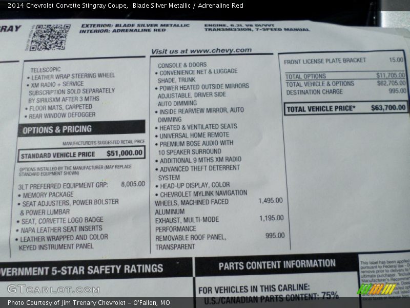  2014 Corvette Stingray Coupe Window Sticker