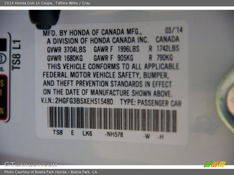 Taffeta White / Gray 2014 Honda Civic LX Coupe