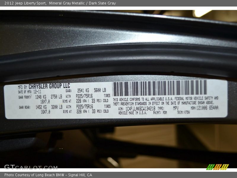 Mineral Gray Metallic / Dark Slate Gray 2012 Jeep Liberty Sport