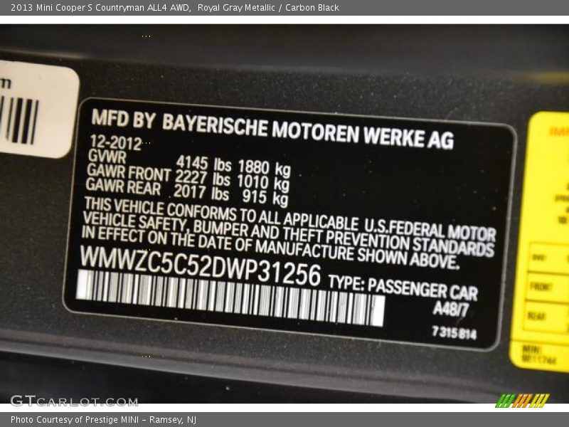 Royal Gray Metallic / Carbon Black 2013 Mini Cooper S Countryman ALL4 AWD