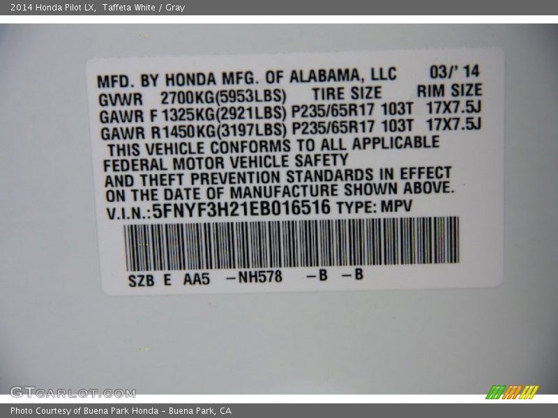 Taffeta White / Gray 2014 Honda Pilot LX