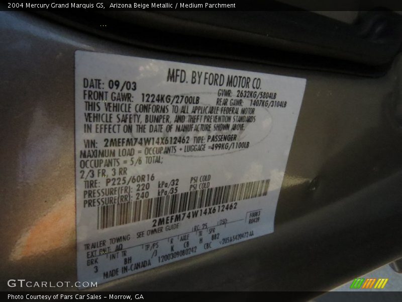 Arizona Beige Metallic / Medium Parchment 2004 Mercury Grand Marquis GS
