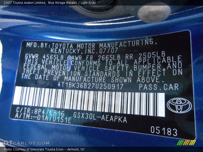 Blue Mirage Metallic / Light Gray 2007 Toyota Avalon Limited