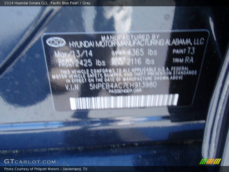 Pacific Blue Pearl / Gray 2014 Hyundai Sonata GLS