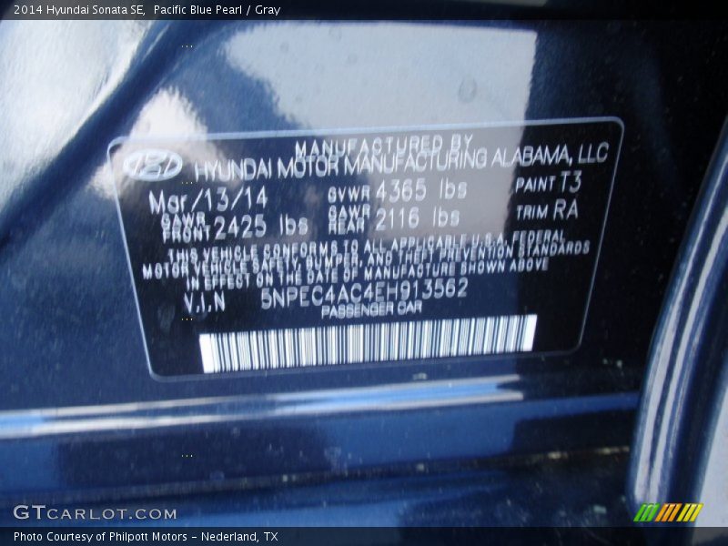 Pacific Blue Pearl / Gray 2014 Hyundai Sonata SE