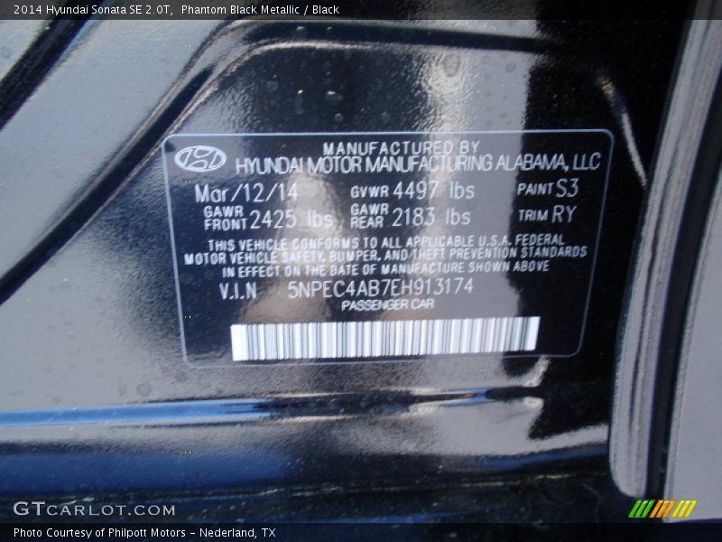 Phantom Black Metallic / Black 2014 Hyundai Sonata SE 2.0T