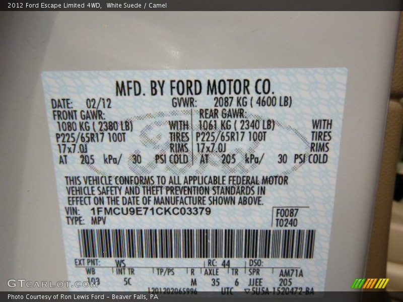 White Suede / Camel 2012 Ford Escape Limited 4WD