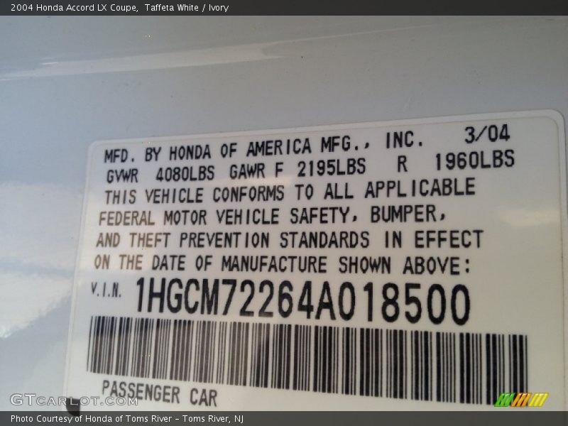 Taffeta White / Ivory 2004 Honda Accord LX Coupe