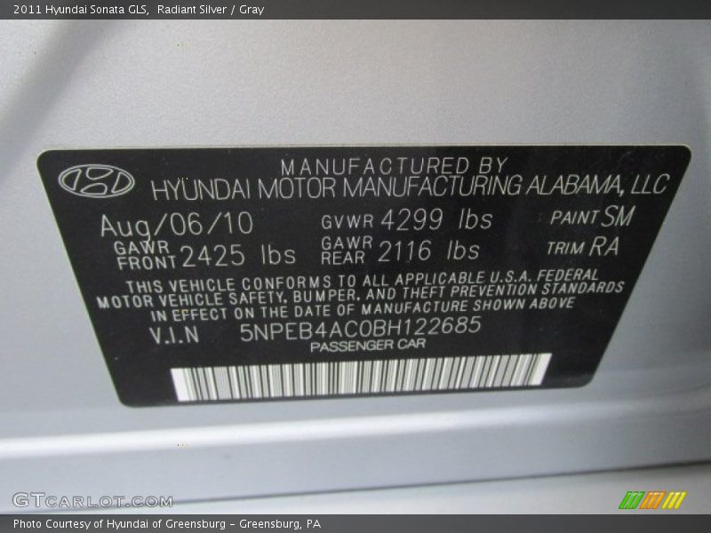 Radiant Silver / Gray 2011 Hyundai Sonata GLS