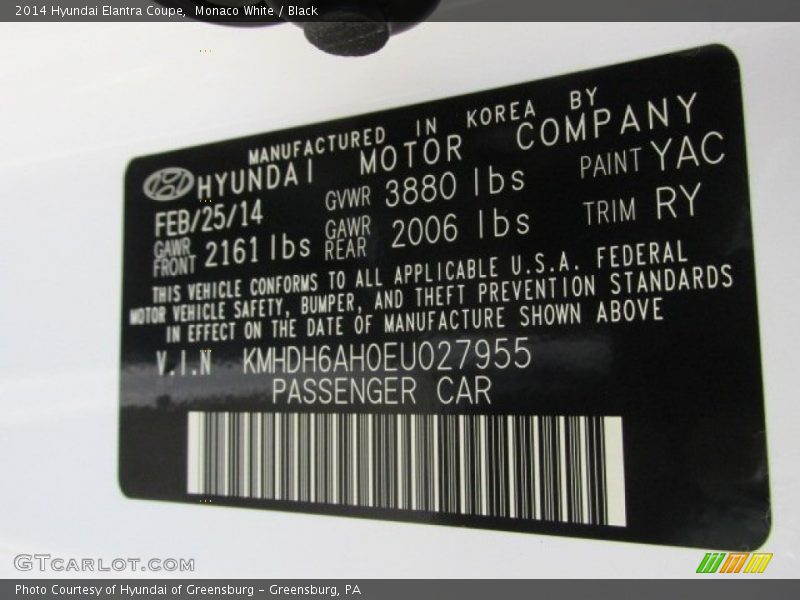 Monaco White / Black 2014 Hyundai Elantra Coupe