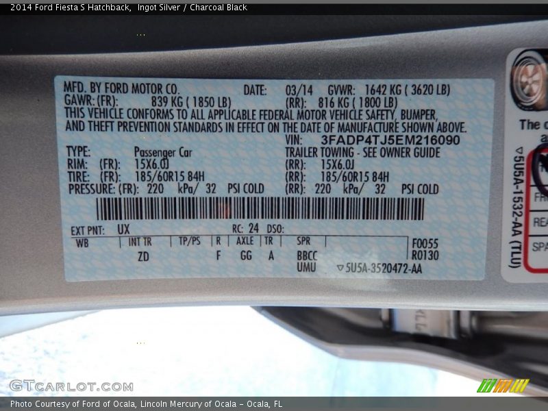 2014 Fiesta S Hatchback Ingot Silver Color Code UX