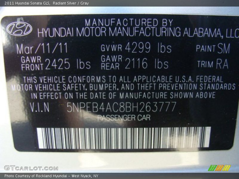 Radiant Silver / Gray 2011 Hyundai Sonata GLS