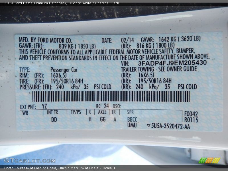 2014 Fiesta Titanium Hatchback Oxford White Color Code YZ
