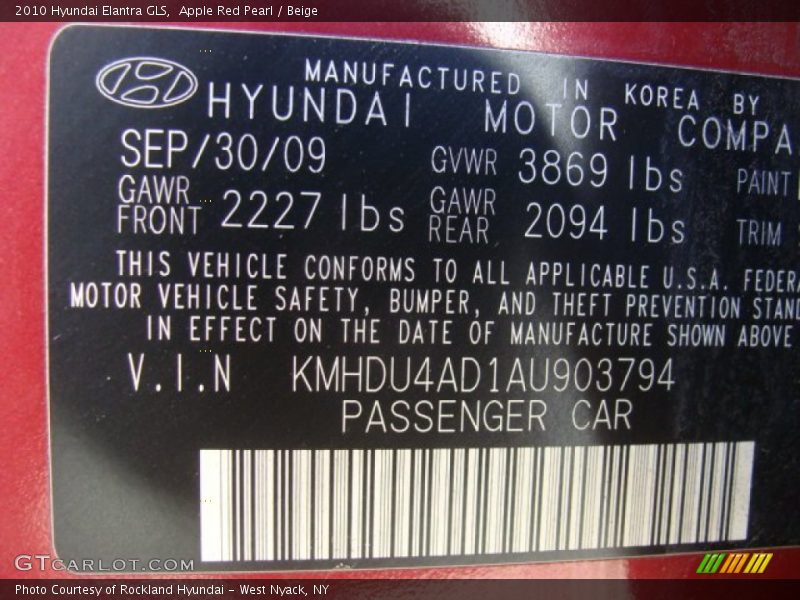 Apple Red Pearl / Beige 2010 Hyundai Elantra GLS
