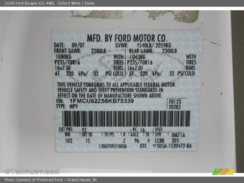 Oxford White / Stone 2008 Ford Escape XLS 4WD