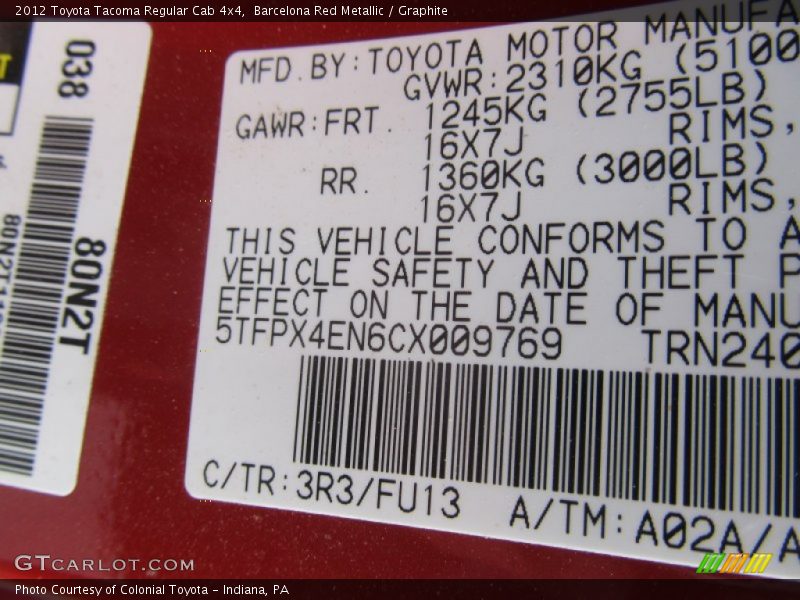 Barcelona Red Metallic / Graphite 2012 Toyota Tacoma Regular Cab 4x4