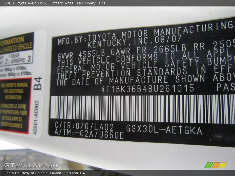 Blizzard White Pearl / Ivory Beige 2008 Toyota Avalon XLS