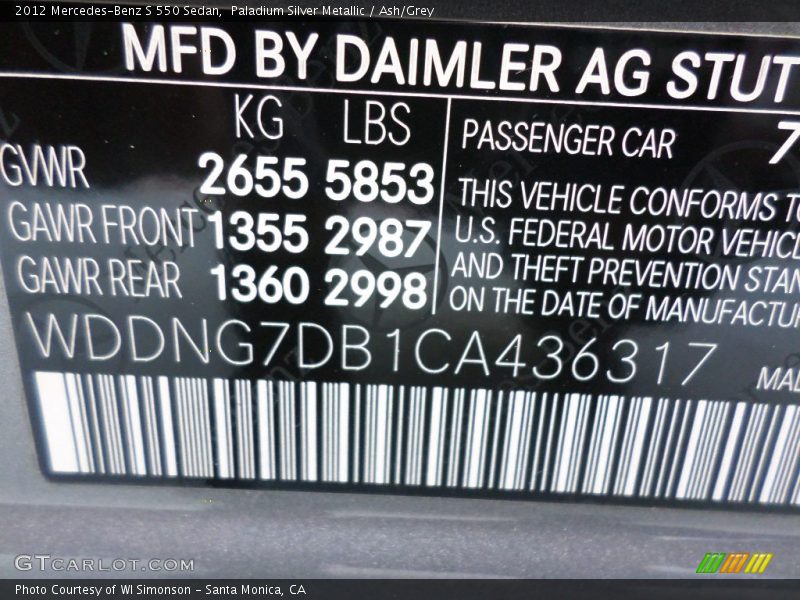 Paladium Silver Metallic / Ash/Grey 2012 Mercedes-Benz S 550 Sedan