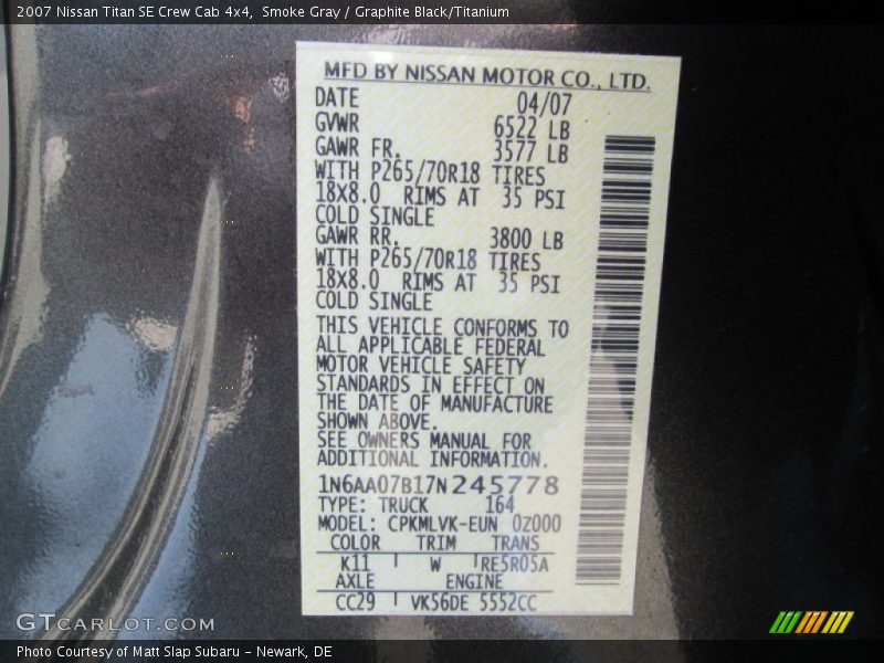 Smoke Gray / Graphite Black/Titanium 2007 Nissan Titan SE Crew Cab 4x4