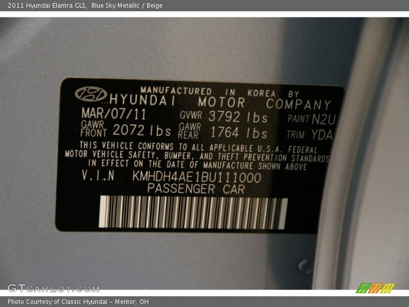 Blue Sky Metallic / Beige 2011 Hyundai Elantra GLS