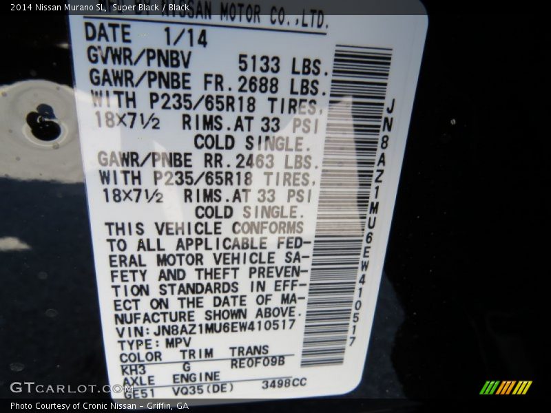 2014 Murano SL Super Black Color Code KH3