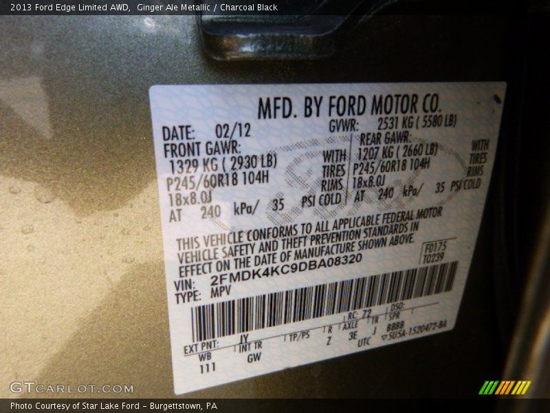 Ginger Ale Metallic / Charcoal Black 2013 Ford Edge Limited AWD