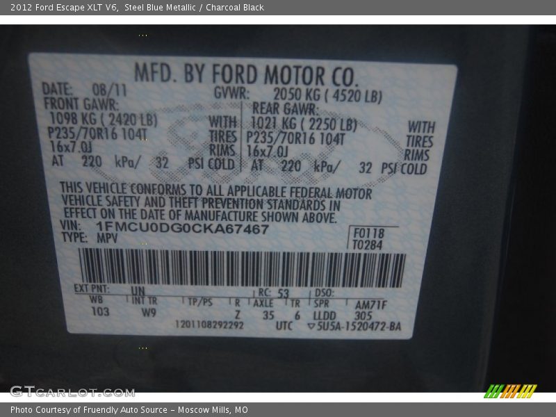 Steel Blue Metallic / Charcoal Black 2012 Ford Escape XLT V6