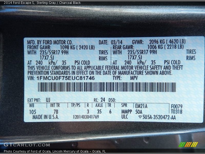 Sterling Gray / Charcoal Black 2014 Ford Escape S