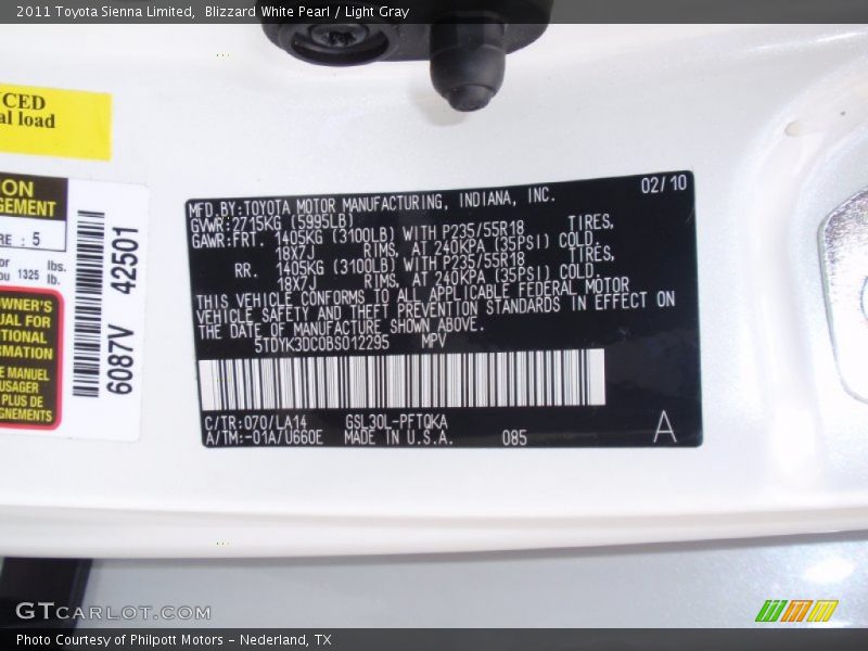 Blizzard White Pearl / Light Gray 2011 Toyota Sienna Limited