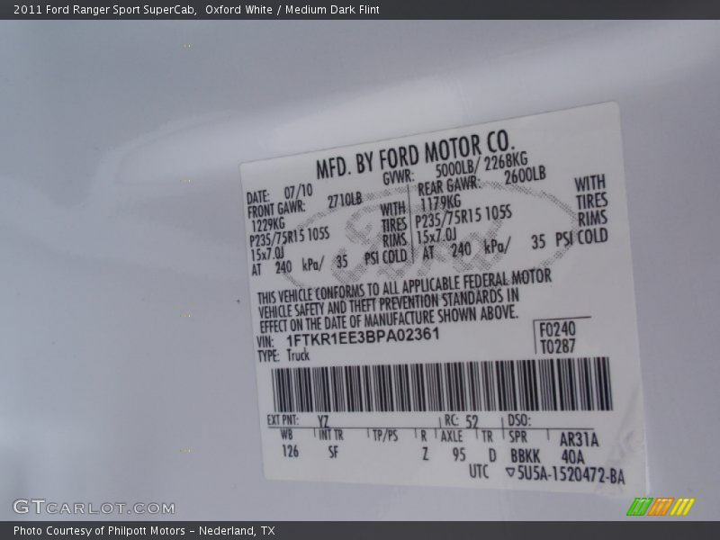 Oxford White / Medium Dark Flint 2011 Ford Ranger Sport SuperCab