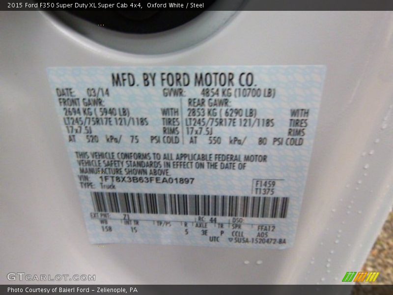 2015 F350 Super Duty XL Super Cab 4x4 Oxford White Color Code Z1