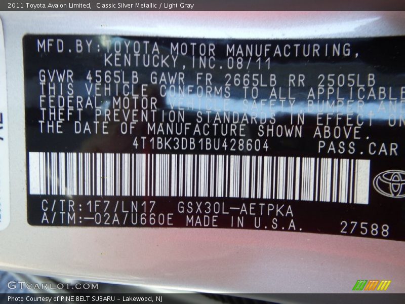 Classic Silver Metallic / Light Gray 2011 Toyota Avalon Limited