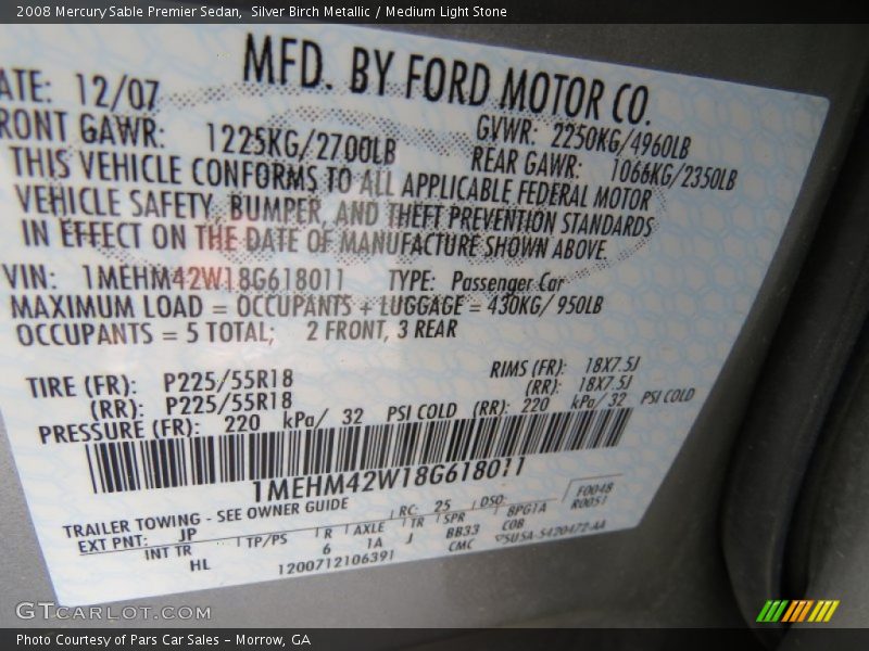 Silver Birch Metallic / Medium Light Stone 2008 Mercury Sable Premier Sedan