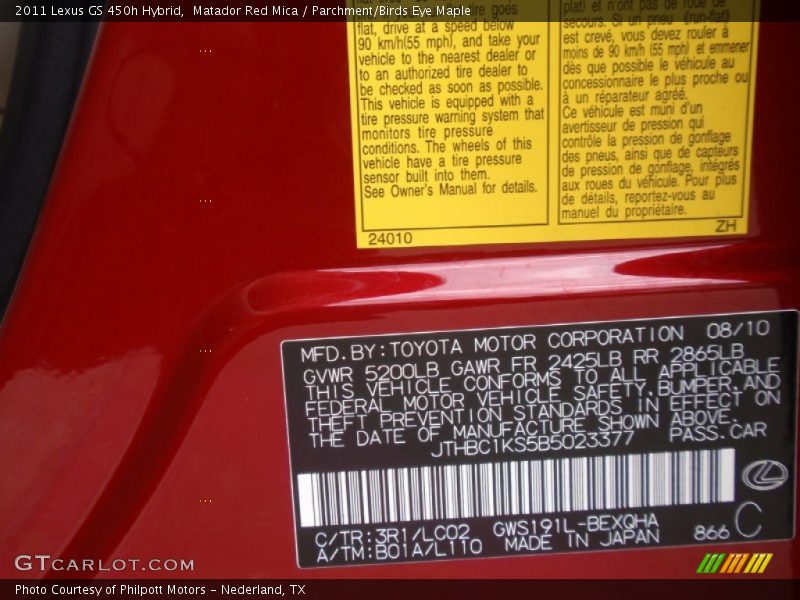 2011 GS 450h Hybrid Matador Red Mica Color Code 3R1