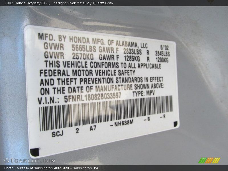 Starlight Silver Metallic / Quartz Gray 2002 Honda Odyssey EX-L
