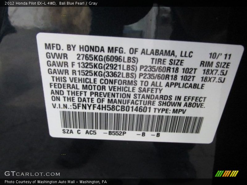 Bali Blue Pearl / Gray 2012 Honda Pilot EX-L 4WD