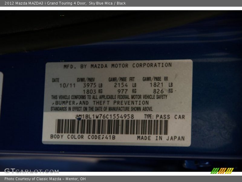2012 MAZDA3 i Grand Touring 4 Door Sky Blue Mica Color Code 41B