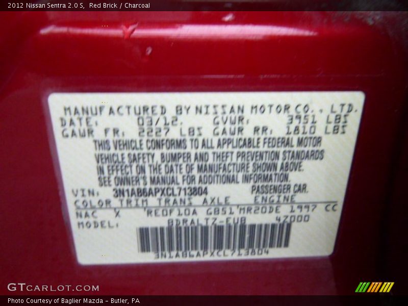 Red Brick / Charcoal 2012 Nissan Sentra 2.0 S