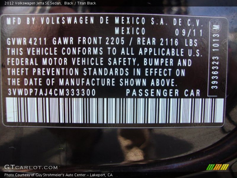 Black / Titan Black 2012 Volkswagen Jetta SE Sedan